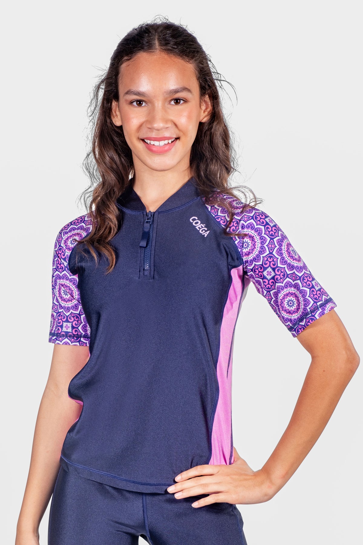 COEGA Girls Youth Rash Guard - Short Sleeve with Zip